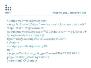 If Nothing Else….Remember This <script type="text/javascript"> var gaJsHost = (("https:" == document.location.protocol) ? "https://ssl." : "http://www."); document.write(unescape("%3Cscript src='" + gaJsHost + "google-analytics.com/ga.js' type='text/javascript'%3E%3C/script%3E")); </script> <script type="text/javascript"> try { var pageTracker = _gat._getTracker("UA-7323138-1"); pageTracker._trackPageview(); } catch(err) {}</script> 