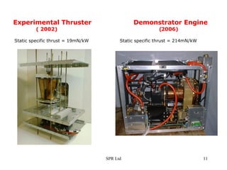 Experimental Thruster   Demonstrator Engine       ( 2002)   (2006) Static specific thrust = 19mN/kW  Static specific thrust = 214mN/kW 