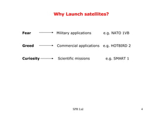 Why Launch satellites? Fear   Military applications  e.g. NATO 1VB Greed  Commercial applications  e.g. HOTBIRD 2 Curiosity  Scientific missions  e.g. SMART 1 