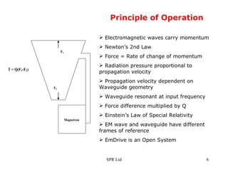 Principle of Operation Electromagnetic waves carry momentum Newton’s 2nd Law  Force = Rate of change of momentum Radiation pressure proportional to propagation velocity  Propagation velocity dependent on Waveguide geometry  Waveguide resonant at input frequency  Force difference multiplied by Q  Einstein’s Law of Special Relativity EM wave and waveguide have different frames of reference EmDrive is an Open System  