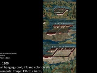 Creator: Japan, Kamakura period Kumano Mandala Overall: 217.2cm x 80cm Date: c. 1300 Material: hanging scroll; ink and color on silk Measurements: Image: 134cm x 62cm,  Culture: Asian; Far East Asian; Japanese Title: The Three Sacred Shrines at Kumano:  