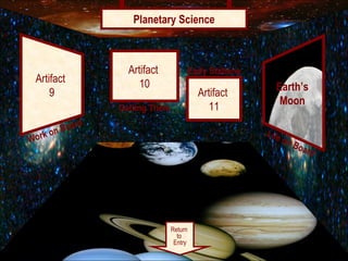 Planetary Science

                         Room 3
                     Artifact               Early Stations
 Artifact               10
     9                                                           Earth’s
                                              Artifact
                                                                  Moon
                   Getting There                 11
               d
       on Boar                                               L if e
Work                                                                  on
                                                                           Boa
                                                                              rd




                                   Return
                                     to
                                    Entry
 