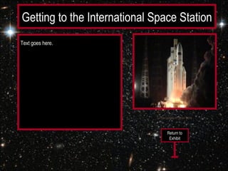 Getting to the International Space Station
Text goes here.




                             Linked citation goes here



                                    Return to
                                     Exhibit
 