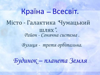 Країна – Всесвіт.
Місто - Галактика “Чумацький
шлях”.
Район - Сонячна система .
Вулиця - третя орбітальна.
Будинок – планета Земля
 