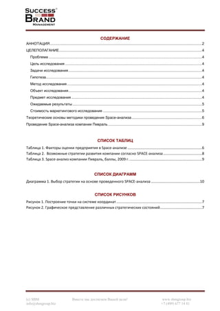 (c) SBM Вместе мы достигнем Вашей цели! www.sbmgroup.biz
info@sbmgroup.biz +7 (499) 677 14 81
СОДЕРЖАНИЕ
АННОТАЦИЯ.....................................................................................................................................................2
ЦЕЛЕПОЛАГАНИЕ............................................................................................................................................4
Проблема ......................................................................................................................................................4
Цель исследования ......................................................................................................................................4
Задачи исследования...................................................................................................................................4
Гипотеза.........................................................................................................................................................4
Метод исследования ....................................................................................................................................4
Объект исследования...................................................................................................................................4
Предмет исследования ................................................................................................................................4
Ожидаемые результаты...............................................................................................................................5
Стоимость маркетингового исследования .................................................................................................5
Теоретические основы методики проведения Space-анализа.....................................................................6
Проведение Space-анализа компании Пивраль ............................................................................................9
СПИСОК ТАБЛИЦ
Таблица 1. Факторы оценки предприятия в Space-анализе .........................................................................6
Таблица 2. Возможные стратегии развития компании согласно SPACE-анализа......................................8
Таблица 3. Space-анализ компании Пивраль, баллы, 2009 г........................................................................9
СПИСОК ДИАГРАММ
Диаграмма 1. Выбор стратегии на основе проведенного SPACE-анализа ................................................10
СПИСОК РИСУНКОВ
Рисунок 1. Построение точки на системе координат....................................................................................7
Рисунок 2. Графическое представление различных стратегических состояний.........................................7