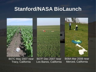 Stanford/NASA BioLaunch




B07C May 2007 near B07F Dec 2007 near       B08A Mar 2008 near
  Tracy, California Los Banos, California    Merced, California
 