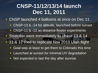 CNSP-11/12/13/14 launch
         Dec 11, 2011
CNSP launched 4 balloons at once on Dec 11
  CNSP-13 & -14 for altitude, launched before sunset
  CNSP-11 & -12 as distance floater experiments
Stratofox went immediately to chase 13 & 14
11 & 12 tried to replicate Nov 2010 Utah flight
  Goal was at least to get them to Colorado this time
  Launched at sunset for minimal UV degradation
  Not expected to last the day after sunrise
 