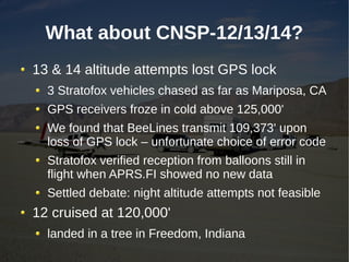 What about CNSP-12/13/14?
13 & 14 altitude attempts lost GPS lock
  3 Stratofox vehicles chased as far as Mariposa, CA
  GPS receivers froze in cold above 125,000'
  We found that BeeLines transmit 109,373' upon
  loss of GPS lock – unfortunate choice of error code
  Stratofox verified reception from balloons still in
  flight when APRS.FI showed no new data
  Settled debate: night altitude attempts not feasible
12 cruised at 120,000'
  landed in a tree in Freedom, Indiana
 