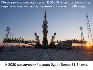 К 2030 космический рынок будет более $1,5 трлн.
Объем рынка космических услуг $300-400 млрд в год (рост 5% в год)
затраты на запуски ракет и спутников составляют ~ $40 млрд
 