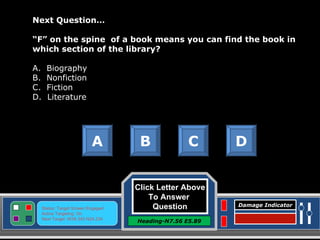 Click Letter Above To Answer  Question Heading-N7.56 E5.89 Status: Target Screen Engaged Active Targeting: On Next Target :W34.345 N24.234 Damage Indicator Next Question… “ F” on the spine  of a book means you can find the book in which section of the library? A.  Biography B.  Nonfiction C.  Fiction D.  Literature A B C D Great Job! Click here to keep going. 