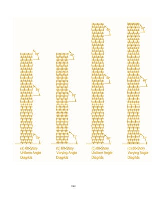 103
Load Path in a Diagrid Where
Lateral Loads are Applied at the Nodes
However, for the transmission of distributed loads or loads that
are not applied at the nodes, horizontal members transfer loads to
diagonal members through shear forces. The following figure
shows how the loads are transmitted to the ground. The green lines
show the transfer of loads by shear action, while the red lines show
transfer through axial action.
 