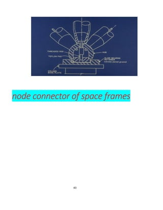 43
X-module; complete triangulation
3-way prism; complete triangulation
square prism; squares are non-triangulated
pentagonal prism; pentagons are non-triangulated
hexagonal prism; hexagons are non-triangulated
Individual tension lines (strings, wires or rope) are
attached to the ends of the struts as shown so that each
assembly comprises a closed system of tension and
 