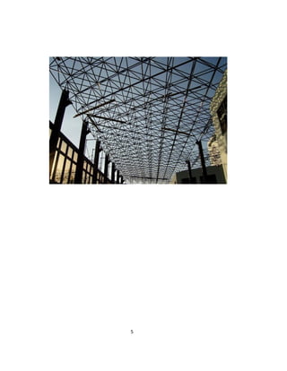 5
Ribbed dome is the earliest type of braced
dome that has been constructed . A ribbed
dome consists of a number of identical
meridional solid girders or trusses,
interconnected at the crown by a compression
ring. The ribs are also connected by concentric
rings to form grids in trapezium shape. The
ribbed dome is usually stiffened by a steel or
reinforced concrete tension ring at its base.
 