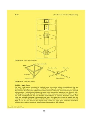 89
System III Space Frame
The most versatile and attractive forged steel ball and tube system
available.
Exclusively ours.
 Easiest ball and tube system to assemble.
 Virtually unlimited span capability.
 Flexibility of form through freedom of angle.
Pyramid Sphere Space Frame
Traditional ball and tube appearance without the cost. Your space
frame system of choice for beauty and economy.
 Variable module designs.
 Top junction plate for economical design.
 Long span capability.
 Direct decking or cladding attachment.
 Bottom junction ball design for aesthetic integrity.
Hemispherical Node
Our most economical space frame system. Fits most geometric
designs.
 Easiest, most economical system to assemble.
 Variable module sizes.
 Ideal solutions for medium spans.
 Forged steel node-the most compact, high quality
connector.
Axent Space Frame
non-structural system
 Attractive and cost efficient addition to any display
or exhibit.
 Practical assembly with the aid of a hand wrench only.
 Consists of pre-cut and in-stock material ready to ship.
 