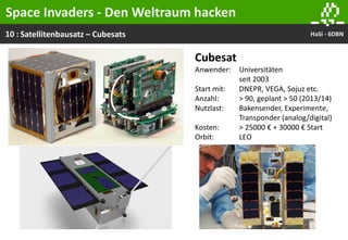 10 : HaSi - 6DBNSatellitenbausatz – Cubesats
Cubesat
Anwender: Universitäten
seit 2003
Start mit: DNEPR, VEGA, Sojuz etc.
Anzahl: > 90, geplant > 50 (2013/14)
Nutzlast: Bakensender, Experimente,
Transponder (analog/digital)
Kosten: > 25000 € + 30000 € Start
Orbit: LEO
Space Invaders - Den Weltraum hacken
 