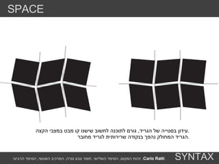 עידון בסטייה של הגריד ,  גורם לתוכנה לחשוב שישנו קו מבט במצבי הקצה . הגריד המחולק נהפך בנקודה שרירותית לגריד מחובר . SPACE SYNTAX זהות המקום ,  המימד השלישי ,  חומר צבע צורה ,  המרכיב האנושי ,  המימד הרביעי ,  Carlo Ratti . 
