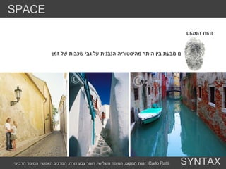 זהות המקום זהות מקום נובעת בין היתר מהיסטוריה הנבנית על גבי שכבות של זמן. SPACE SYNTAX זהות המקום ,  המימד השלישי ,  חומר צבע צורה ,  המרכיב האנושי ,  המימד הרביעי ,  Carlo Ratti . 