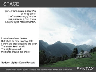 I have been here before,  But when or how I cannot tell:  I know the grass beyond the door,  The sweet keen smell,  The sighing sound,  the lights around the shore.  Sudden Light  – Dante Rossetti חלקי מבנים וחומות הרוסים ,  ריצוף רחוב עץ ישן וכו '. כולם חלקיקים הנאספים לאורך השנים ויוצרים את המקום ואת התחושות הצפות כאשר שוהים בו . SPACE SYNTAX זהות המקום ,  המימד השלישי ,  חומר צבע צורה ,  המרכיב האנושי ,  המימד הרביעי ,  Carlo Ratti . 