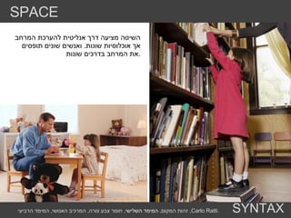 המימד השלישי  השיטה מציעה דרך אנליטית להערכת המרחב אך אוכלוסיות שונות .  ואנשים שונים תופסים את המרחב בדרכים שונות . הערות מילוליות  לילדים לדוגמא אין תפיסה של נוף רחוק ולעומת זאת הם נמשכים לצבעים וקונטרסטים חזקים SPACE SYNTAX זהות המקום ,  המימד השלישי ,  חומר צבע צורה ,  המרכיב האנושי ,  המימד הרביעי ,  Carlo Ratti . 