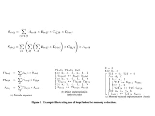 n the class ofrequired. Consider the following expression: be
    operations computations considered, the ﬁnal result to                                       ing to the fused loop to be eliminate
 puted can be expressed in terms of tensor contractions, essen-                          quirement for the computation is to view
                                                                                                 a smaller intermediate array and thu
 y a collection of multi-dimensional summations of the product                           loop fusions. Loop fusion merges loop ne
                                                                                                 ments. For the example considered
 everal input arrays. Due to commutativity, associativity, and                           loops illustrated in Fig. 1(c). By use loop
                                                                                                 into larger imperfectly nested of lo
ributivity, expressionmany different ways to compute the ﬁnalnested produces an intermediate array actually be
    If this    there are is directly translated to code (with ten                                can be seen that          can which is co
                                          in the number arithmetic operations nest, fusing the two loop nests allows the
 lt,loops, for could differ widely total number ofof ﬂoating point
     and they indices             ), the
                                                                                                 a 2-dimensional array, without chan
rations required. be   Consider theif the range of each index
                                        following expression:                            ing to operations.
                                                                                                  the fused loop to be eliminated in t
    required will                                                                 is . a smallerFor a computation comprising of a
                                                                                                      intermediate array and thus reduc
    Instead, the same expression can be rewritten by use of associative ments.will generally be a number of fusio
                                                                                                    For the example considered, the
    and distributive laws as the following:                                              illustrated incompatible.By useis because
                                                                                                 tually Fig. 1(c). This of loop fus
                                                                                         can berequire different loops to bebe reduc
                                                                                                   seen that       can actually made th
his expression is directly translated to code (with ten nested                           a 2-dimensional the problem ofchanging t
ps, for indices           ), the total number of arithmetic operations                           addressed array, without ﬁnding the
                                                                                         operations.
                                                                                                 operator tree that minimized the tota
uired will be                  if the range of each index                is .               For after fusion [14, 16, 15]. of a numb
                                                                                                  a computation comprising
ead, the same expression can be rewritten by use of associative                          will generally be a for manyof fusion choi
                                                                                                     However, number of the compu
 distributive laws as the the formula sequence shown in Fig. 1(a) and tually compatible. This is because differe
    This corresponds to following:
    can be directly translated into code as shown in Fig. 1(b). This require different loopscomponent of the NW
                                                                                                 coupled cluster
    form only requires                                                                           instances where to be made the outer
                                        operations. However, additional space addressed the problem theﬁnding the choic    minimal memo
                                                       and       . S=0                           fusion is still tooof
                                                                                                 S = 0
    is required to store temporary arrays T1=0; T2=0;Often, the space operator tree that minimized theIn such sit       large.
                                                                                                 for b, c
                                                  for b, c, d, e, f, l                           executable implementation, it isspac
    requirements for the temporary arrays poses a serious problem. For after fusion [14,0; T2f = 0   T1f =
                                                                                                                                   total ess
                                                    T1bcdf += Bbefl Dcdel                        by for d, 16, 15].
                                                                                                               f
                                                                                                      only storing lower dimensional s
    this example, abstracted from a quantum chemistry model, the ar- However, for e, l of the computation
                                                  for b, c, d, f, j, k                                  for many
s corresponds to the indices sequence the largest, while the dfjk
    ray extents along       formula               shown in += T1bcdf and
                                                    T2bcjk Fig. 1(a) C extents
                                              are for a, b, c, i, j, k                           recomputing the befl Dcdel
                                                                                                           T1f += B slices as needed. Th
                               into code as shown in Fig. 1(b). of tempo- coupled clusterwe address in this paper. We
 be directly translatedare the smallest. Therefore, the sizeThis
    along indices                                                                                problem component of the NWChem
                                                                                                        for j, k
                                                    Sabij += T2bcjk Aacik                instances whereconceptT1f aCfusion graph
                                                                                                           T2f the minimal dfjk
m only requires would dominate theHowever, additional space
    rary array                  operations. total memory requirement.                            proposed jk += k       of memory req
 quired to store temporary arrays               and     (b) Direct implementation
                                                        . Often, the space               fusion isfor a, i, j, In such situation
                                                                                                      still too large.
                                                                                                       Sabij += T2fjk A
           (a) Formula sequence                              (unfused code)
uirements for the temporary arrays poses a serious problem. For                          executable implementation, acik essential
                                                                                                                             it is
                                                                                                  (c) Memory-reduced implementation (fused)
 example, abstracted from a quantum chemistry model, thefusion for memory reduction. lower dimensional slices o
                               Figure 1: Example illustrating use of loop    ar-         by only storing
 extents along indices                 are the largest, while the extents                recomputing the slices as needed. This is th
                                                                                           178
 g indices            are the smallest. Therefore, the size of tempo-                    problem we address in this paper. We exten
 ussian, NWChem, PSI, and MOLPRO. In particular, they com-                 The operationproposed concept of a fusion here is a and de
                                                                                           minimization problem encountered graph gen-
  array
 se the bulk of the computation with thetotal memoryapproach
               would dominate the coupled cluster requirement.          eralization of the well known matrix-chain multiplication problem,
 