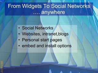 From Widgets To Social Networks …. anywhere Social Networks Websites, intranet,blogs Personal start pages embed and install options 