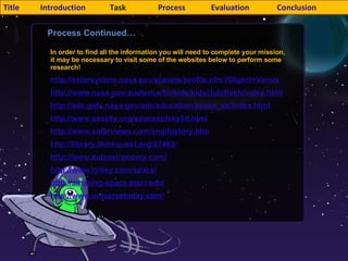 Title  Introduction    Task    Process     Evaluation   Conclusion    Process Continued… In order to find all the information you will need to complete your mission, it may be necessary to visit some of the websites below to perform some research! http://solarsystem.nasa.gov/planets/profile.cfm?Object=Venus http://www.nasa.gov/audience/forkids/kidsclub/flash/index.html http://adc.gsfc.nasa.gov/adc/education/space_ex/index.html http://www.seasky.org/spacexp/sky5d.html http://www.solarviews.com/eng/history.htm http://library.thinkquest.org/27463/ http://www.kidsastronomy.com/ http://www.rjriley.com/space/ http://amazing-space.stsci.edu/ http://www.universetoday.com/   
