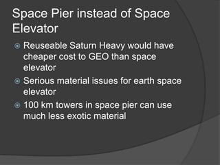 Space Pier instead of Space
Elevator
 Reuseable Saturn Heavy would have
  cheaper cost to GEO than space
  elevator
 Serious material issues for earth space
  elevator
 100 km towers in space pier can use
  much less exotic material
 