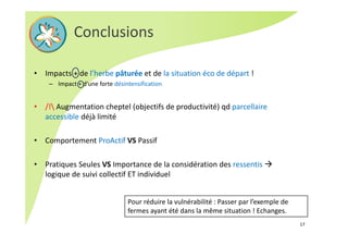 • Impacts + de l’herbe pâturée et de la situation éco de départ !
– Impact + d’une forte désintensification
• /! Augmentation cheptel (objectifs de productivité) qd parcellaire 
accessible déjà limité
• Comportement ProActif VS Passif
• Pratiques Seules VS Importance de la considération des ressentis 
logique de suivi collectif ET individuel
Conclusions
17
Pour réduire la vulnérabilité : Passer par l’exemple de 
fermes ayant été dans la même situation ! Echanges. 
 