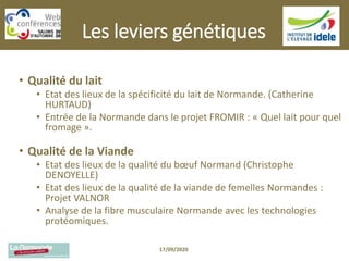 Les leviers génétiques
• Qualité du lait
• Etat des lieux de la spécificité du lait de Normande. (Catherine
HURTAUD)
• Entrée de la Normande dans le projet FROMIR : « Quel lait pour quel
fromage ».
• Qualité de la Viande
• Etat des lieux de la qualité du bœuf Normand (Christophe
DENOYELLE)
• Etat des lieux de la qualité de la viande de femelles Normandes :
Projet VALNOR
• Analyse de la fibre musculaire Normande avec les technologies
protéomiques.
17/09/2020
 