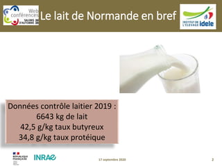 2
Données contrôle laitier 2019 :
6643 kg de lait
42,5 g/kg taux butyreux
34,8 g/kg taux protéique
Le lait de Normande en bref
17 septembre 2020
 