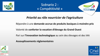 Scénario 2 :
« Compétitivité »
Priorité au rôle nourricier de l’agriculture
Répondre à une demande accrue de produits basiques à moindre prix
Volonté de conforter la vocation d’élevage du Grand Ouest
Pari sur l’innovation technologique au sein des élevages et des IAA
Assouplissements réglementaires
 