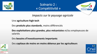Scénario 2 :
« Compétitivité »
Impacts sur le paysage agricole
Une agriculture high tech
Des produits plus standards, moins différenciés
Des exploitations plus grandes, plus mécanisées et/ou employeuses de
salariés
Des besoins d’investissements importants
Des capitaux de moins en moins détenus par les agriculteurs
 