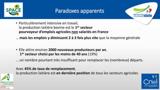Paradoxes apparents
• Particulièrement intensive en travail,
la production laitière bovine est le 1er secteur
pourvoyeur d’emplois agricoles non salariés en France
… mais les emplois y diminuent 2 à 3 fois plus vite que la moyenne générale
• Elle attire environ 2000 nouveaux producteurs par an.
1er secteur choisi par les moins de 40 ans (19%)
… un nombre pourtant très insuffisant pour remplacer les (nombreux) départs.
Avec 45% de taux de remplacement,
la production laitière est en dernière position de tous les secteurs agricoles.
 