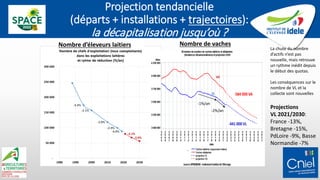 Projection tendancielle
(départs + installations + trajectoires):
la décapitalisation jusqu’où ?
-1%/an
-2%/an
La chute du nombre
d’actifs n’est pas
nouvelle, mais retrouve
un rythme inédit depuis
le début des quotas.
Les conséquences sur le
nombre de VL et la
collecte sont nouvelles
Projections
VL 2021/2030:
France -13%,
Bretagne -15%,
PdLoire -9%, Basse
Normandie -7%
Nombre d’éleveurs laitiers Nombre de vaches
 