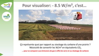 Pour visualiser: - 8.5 W/m², c’est…
19
Çà représente quoi par rapport au stockage du carbone d’une prairie ?
Nécessité de convertir les W/m² en équivalents CO2
… pour se comparer aux émissions de gaz à effet de serre et au stockage de carbone
 