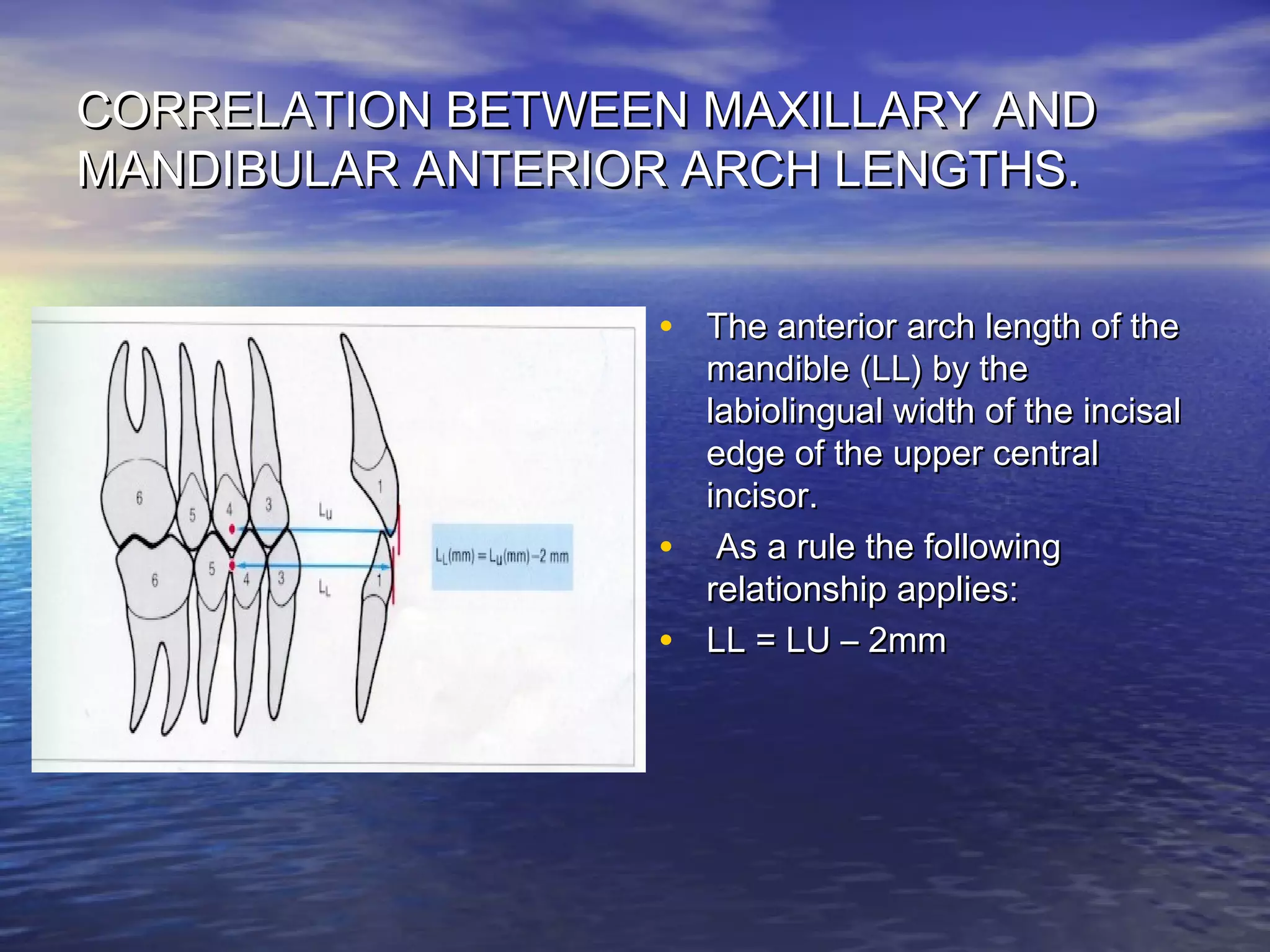 CORRELATION BETWEEN MAXILLARY ANDCORRELATION BETWEEN MAXILLARY AND
MANDIBULAR ANTERIOR ARCH LENGTHS.MANDIBULAR ANTERIOR ARCH LENGTHS.
• The anterior arch length of theThe anterior arch length of the
mandible (LL) by themandible (LL) by the
labiolingual width of the incisallabiolingual width of the incisal
edge of the upper centraledge of the upper central
incisor.incisor.
• As a rule the followingAs a rule the following
relationship applies:relationship applies:
• LL = LU – 2mmLL = LU – 2mm
 