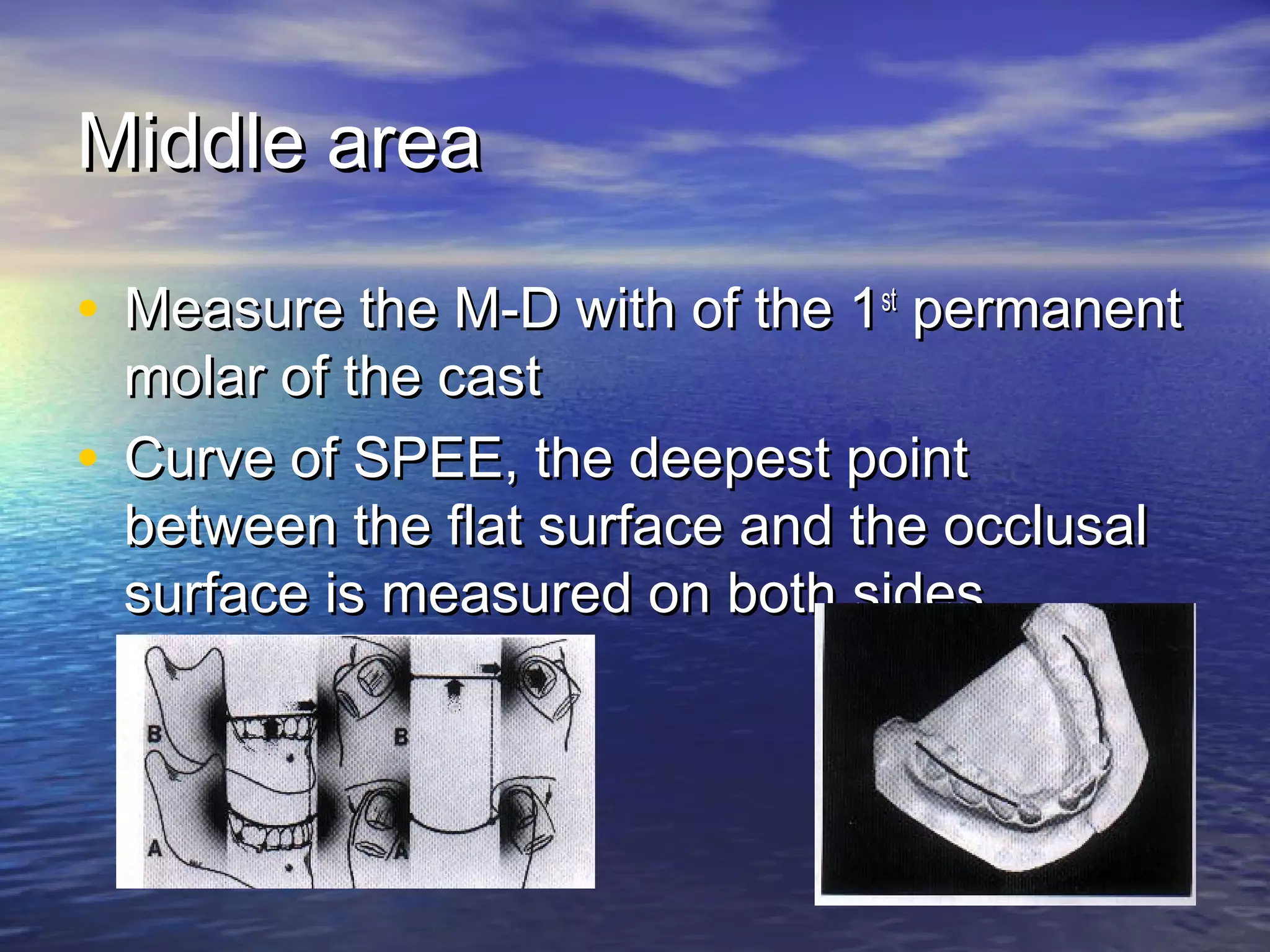 Middle areaMiddle area
• Measure the M-D with of the 1Measure the M-D with of the 1stst
permanentpermanent
molar of the castmolar of the cast
• Curve of SPEE, the deepest pointCurve of SPEE, the deepest point
between the flat surface and the occlusalbetween the flat surface and the occlusal
surface is measured on both sidessurface is measured on both sides
 