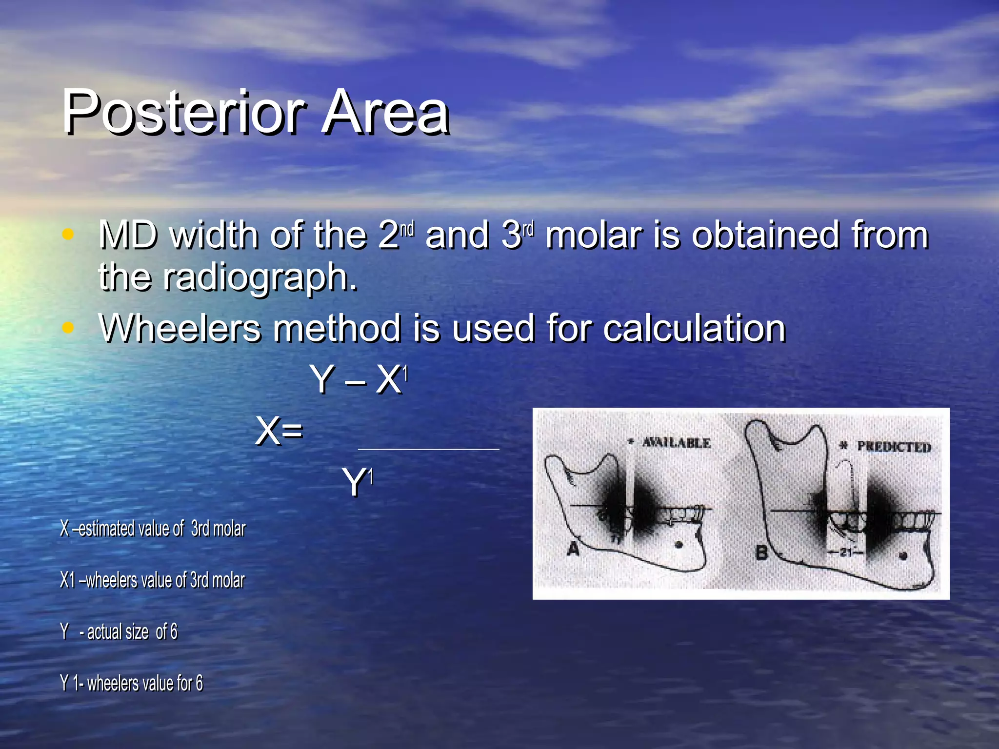 Posterior AreaPosterior Area
• MD width of the 2MD width of the 2ndnd
and 3and 3rdrd
molar is obtained frommolar is obtained from
the radiograph.the radiograph.
• Wheelers method is used for calculationWheelers method is used for calculation
Y – XY – X11
X=X=
YY11
X –estimated value of 3rd molarX –estimated value of 3rd molar
X1 –wheelers value of 3rd molarX1 –wheelers value of 3rd molar
Y - actual size of 6Y - actual size of 6
Y 1- wheelers value for 6Y 1- wheelers value for 6
 