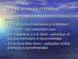 Careys analysis (1949)Careys analysis (1949)
InferenceInference
• If the amount of discrepancy is betweenIf the amount of discrepancy is between
0 to 2.5mm – non-extraction case0 to 2.5mm – non-extraction case
• If it is between 2.5 to 5mm –extraction ofIf it is between 2.5 to 5mm –extraction of
second premolars is recommendedsecond premolars is recommended
• If it is more than 5mm – extraction of firstIf it is more than 5mm – extraction of first
premolar is recommendedpremolar is recommended
 