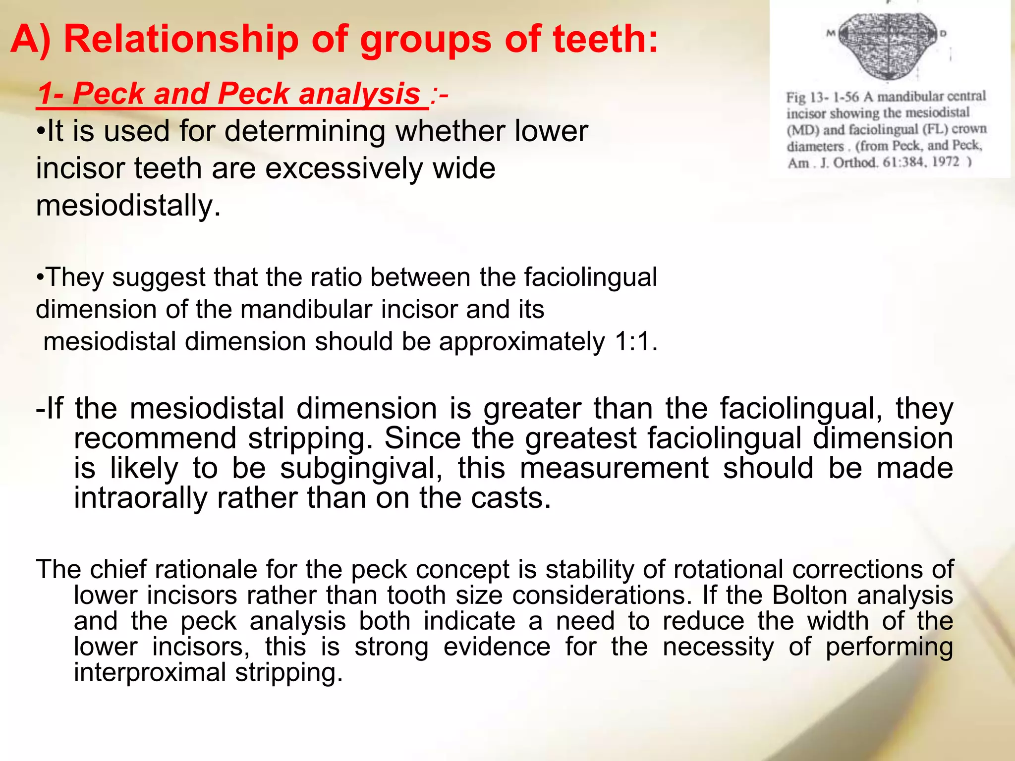 1- Peck and Peck analysis :-
•It is used for determining whether lower
incisor teeth are excessively wide
mesiodistally.
•They suggest that the ratio between the faciolingual
dimension of the mandibular incisor and its
mesiodistal dimension should be approximately 1:1.
-If the mesiodistal dimension is greater than the faciolingual, they
recommend stripping. Since the greatest faciolingual dimension
is likely to be subgingival, this measurement should be made
intraorally rather than on the casts.
The chief rationale for the peck concept is stability of rotational corrections of
lower incisors rather than tooth size considerations. If the Bolton analysis
and the peck analysis both indicate a need to reduce the width of the
lower incisors, this is strong evidence for the necessity of performing
interproximal stripping.
A) Relationship of groups of teeth:
 