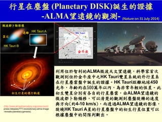 行星在塵盤 (Planetary DISK)誕生的證據
-ALMA望遠鏡的觀測- (Nature on 31 July 2014)
(http://www.almaobservatory.org/press-room/
press-releases/771-revolutionary-alma-image
-reveals-planetary-genesis)
HK Tauri B
HK Tauri A HK Tauri
金牛座
利用位於智利的ALMA微波天文望遠鏡，科學家首次
觀測到位於金牛座中之HK Tauri雙星系統的外行星系
在行星塵雲盤中誕生的證據。HK Tauri距離地球450
光年，年齡約在500萬年以內，為非常年輕的恆星。此
初生雙星分別有各自的行星塵雲，由ALMA望遠鏡的
微波都卜勒頻移，可以清楚的觀測到塵盤旋轉的速度
與方向(約4-10 km/s)，而透過ALMA望遠鏡的影像，
旋繞HK Tauri A星的行星塵盤中的初生行星位置可以
根據塵盤中的間隙判斷出。
微波都卜勒影像
初生行星的運行軌道
靠近
遠離
 