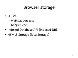 Browser storageSQLiteWeb SQL DatabaseGoogle GearsIndexed Database API (Indexed DB)HTML5 Storage (localStorage)20