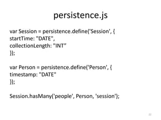 persistence.jsvar Session = persistence.define('Session', { startTime: "DATE", collectionLength: "INT” }); var Person = persistence.define('Person', { timestamp: "DATE" }); Session.hasMany('people', Person, 'session');22