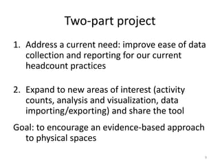 Two-part projectAddress a current need: improve ease of data collection and reporting for our current headcount practicesExpand to new areas of interest (activity counts, analysis and visualization, data importing/exporting) and share the toolGoal: to encourage an evidence-based approach to physical spaces9
