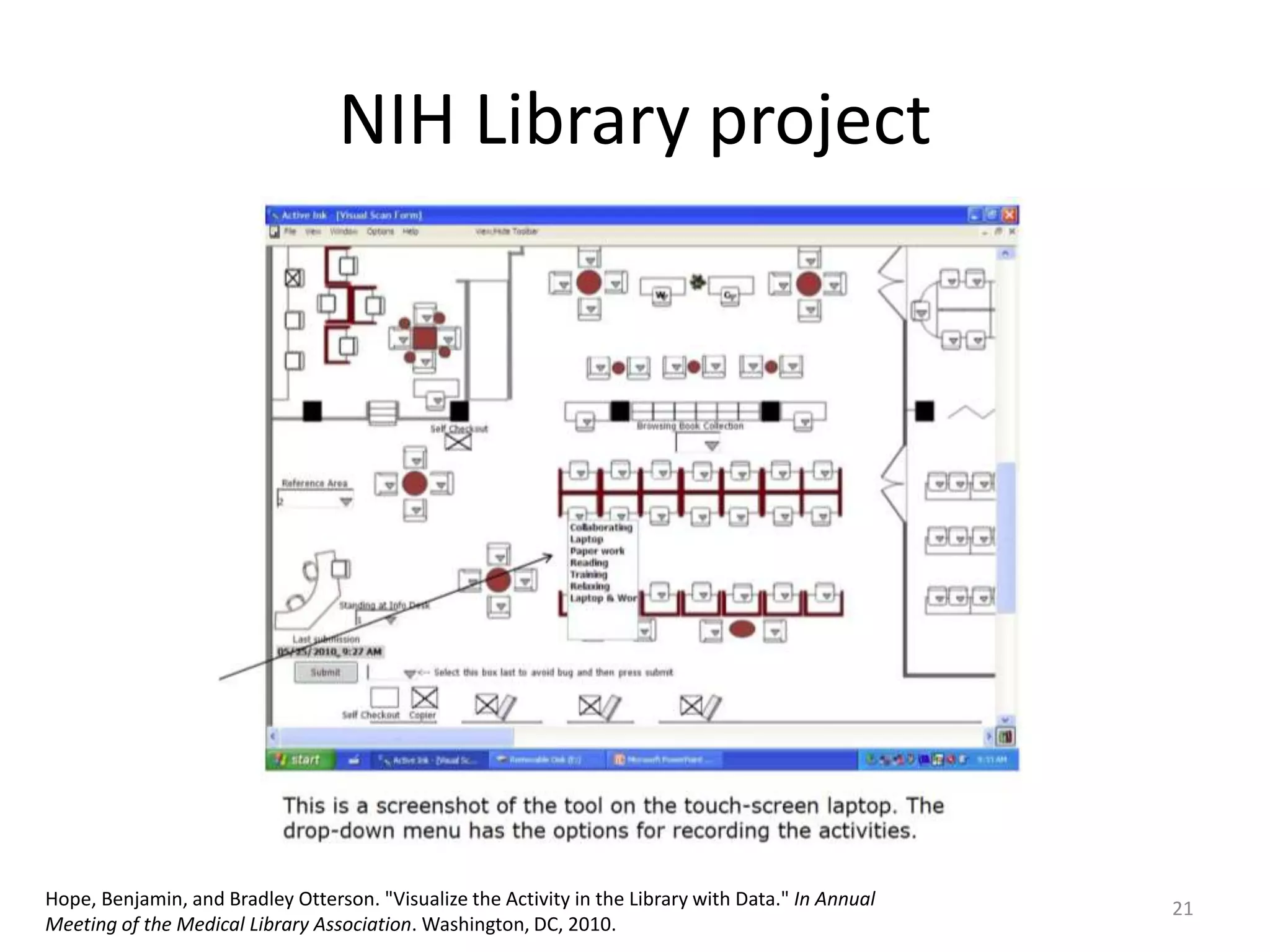 NIH Library project21Hope, Benjamin, and Bradley Otterson. "Visualize the Activity in the Library with Data." In Annual Meeting of the Medical Library Association. Washington, DC, 2010.