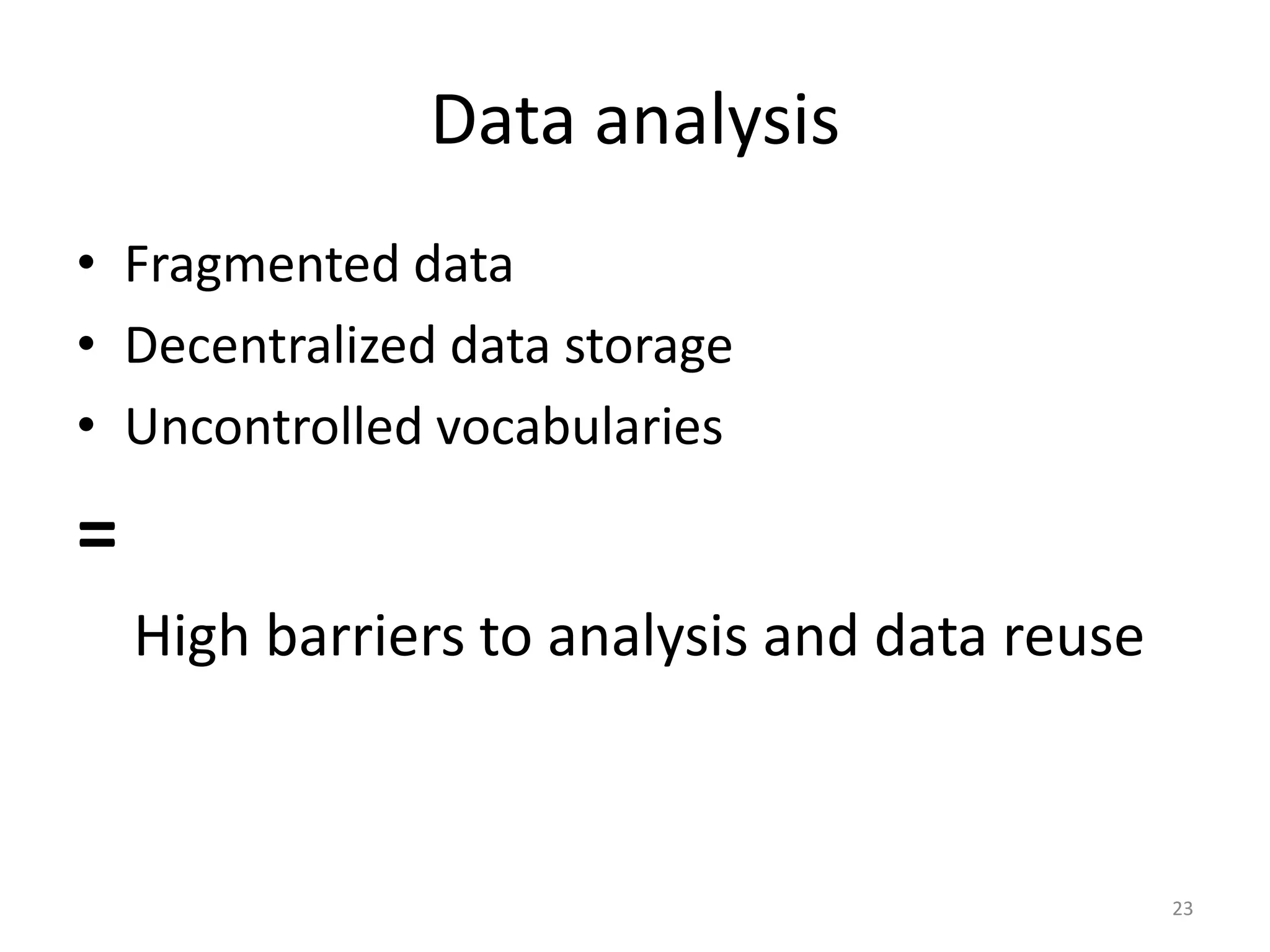 Data analysisFragmented dataDecentralized data storage Uncontrolled vocabularies=    High barriers to analysis and data reuse23