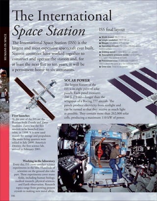 106
The International
Space Station
The International Space Station (ISS) is the
largest and most expensive spacecraft ever built.
Sixteen countries have worked together to
construct and operate the station and, for
at least the next five to ten years, it will be
a permanent home to six astronauts.
HUMANS
IN
SPACE
First launches
At the core of the ISS are the
Russian-built Zvezda and Zarya
modules. Zarya was the first
module to be launched into
orbit, in 1998. It is now used
mainly for storage and propulsion.
The main living quarters were
added in July 2000. America’s
Destiny, the first science lab,
arrived in February 2001.
Working in the laboratory
Every day, ISS crews conduct science
experiments in the labs. Hundreds of
scientists on the ground also take
part. These experiments cover many
fields, including human biology,
medical research, physical sciences,
and Earth observation. Research
topics range from growing protein
crystals to making new metal alloys.
■ Width (truss): 356 ft (109 m)
■ Length (modules): 290 ft (88 m)
■ Weight: 925,000 lb (419,600 kg)
■ Operating altitude: 240 miles (385 km) above
Earth’s surface
■ Orbiting speed: 5 miles (8 km) per second
■ Atmospheric pressure inside: 1,013 millibars
(14.7 psi)—the same as on Earth.
■ Pressurized area: 33,000 cubic ft (935 m3
).
This is about the same as a ﬁve bedroom house.
■ Crew size: Three to six people
ISS final layout
SOLAR POWER
The largest feature of the
ISS is its eight pairs of solar
panels. Each panel measures
240 ft (73 m)—longer than the
wingspan of a Boeing 777 aircraft. The
panels produce electricity from sunlight and
can be turned so that they receive as much light
as possible. They contain more than 262,000 solar
cells, producing a maximum 110 kW of power.
 