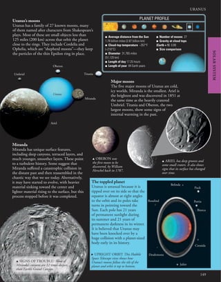 149
URANUS
SOLAR
SYSTEM
■ Average distance from the Sun
1.78 billion miles (2.87 billion km)
■ Cloud-top temperature −357°F
(−216°C)
■ Diameter 31,765 miles
(51,120 km)
■ Length of day 17.25 hours
■ Length of year 84 Earth years
■ Number of moons 27
■ Gravity at cloud tops
(Earth = 1) 0.89
■ Size comparison
PLANET PROFILE
Uranus’s moons
Uranus has a family of 27 known moons, many
of them named after characters from Shakespeare’s
plays. Most of these are small objects less than
125 miles (200 km) across that orbit the planet
close to the rings. They include Cordelia and
Ophelia, which are “shepherd moons”—they keep
the particles of the thin Epsilon ring in place.
Ariel
Umbriel
Oberon
Titania
Miranda
Uranus
Miranda
Miranda has unique surface features,
including deep canyons, terraced layers, and
much younger, smoother layers. These point
to a turbulent history. Some suggest that
Miranda suffered a catastrophic collision in
the distant past and then reassembled in the
chaotic way that we see today. Alternatively,
it may have started to evolve, with heavier
material sinking toward the center and
lighter material rising to the surface, but this
process stopped before it was completed.
Major moons
The five major moons of Uranus are cold,
icy worlds. Miranda is the smallest. Ariel is
the brightest and was discovered in 1851 at
the same time as the heavily cratered
Umbriel. Titania and Oberon, the two
largest moons, show some signs of
internal warming in the past.
The toppled planet
Uranus is unusual because it is
tipped over on its side so that the
equator is almost at right angles
to the orbit and its poles take
turns in pointing toward the
Sun. Each pole has 21 years
of permanent sunlight during
its summer and 21 years of
permanent darkness in its winter.
It is believed that Uranus may
have been knocked over by a
huge collision with a planet-sized
body early in its history.
. UPRIGHT ORBIT This Hubble
Space Telescope view shows how
Uranus’s moons follow the tilt of the
planet and orbit it top to bottom.
Belinda
Bianca
Cressida
Puck
Portia
Rosalind
Juliet
Desdemona
u SIGNS OF TROUBLE? Some of
Miranda’s canyons are 12 times deeper
than Earth’s Grand Canyon.
u OBERON was
the first moon to be
discovered, by William
Herschel back in 1787.
u ARIEL has deep grooves and
some small craters. It also shows
signs that its surface has changed
over time.
 