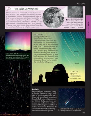 159
SOLAR
SYSTEM
TAKE A LOOK: LUNAR METEORS
Meteors also occur on other worlds, such as the Moon and
Mars. Mars has a thin atmosphere, and meteors can appear
as shooting stars. However, there is no air on the Moon, so
lunar meteors are not destroyed in the sky. Instead, they hit
the ground and explode, causing a flash of heat and light
that can be seen on Earth 250,000 miles (400,000 km) away.
Each explosion is equivalent to 100 lb (45 kg) of dynamite.
When the Moon passes through dense streams of comet dust
the rate of lunar flashes can go as high as one per hour.
Fireballs
Extremely bright meteors are known
as fireballs. They occur when a small
piece of rock becomes very hot and
bright as it enters Earth’s atmosphere.
Some fireballs are so bright that they
are visible in daylight, and some can
create a very loud sonic boom (like
an aircraft breaking the sound barrier)
that can shake houses. Sometimes the
chunks of rock explode, scattering
small meteorites on the ground.
The Leonids
First reported by Chinese
astronomers in 902 ce, the
Leonids appear to come from the
constellation Leo. This shower can
be seen every year in mid-November,
when 10 to 15 meteors per hour are
usually visible around peak times.
Every 33 years or so, the Leonids go
through a period of great activity in
which thousands of meteors an hour
hurtle across the sky. Although most
meteoroids are no larger than a grain
of sand, the shower can be so active
that it looks like falling snow.
u FAST FLIGHT This Leonid fireball moved
at a speed of 43 miles (70 km) per second.
u NAME GAME Meteor showers are
named after the constellation (area of sky)
they appear to come from. The Perseids are
named after the constellation Perseus.
u LOTS OF
LEONIDS
This Leonid shower
occurred over Korea
in November 2001.
METEORS
Star trail
Meteor
u COPERNICUS CRATER
Meteorites hit the Moon’s surface
at such high speeds, they create
craters 15 times their size. The
Copernicus Crater is 57 miles (91 km)
wide and 2.3 miles (3.7 km) deep.
 