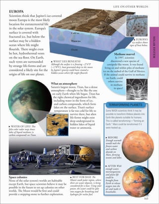 163
LIFE ON OTHER WORLDS
SOLAR
SYSTEM
EUROPA
Scientists think that Jupiter’s ice-covered
moon Europa is the most likely
location for extraterrestrial life
in the solar system. Europa’s
surface is covered with
fractured ice, but below the
surface may be a hidden
ocean where life might
flourish. There might even
be hot, hydrothermal vents
on the sea floor. On Earth,
such vents are surrounded
by strange life-forms and are
considered a likely site for the
origin of life on our planet.
What an atmosphere
Saturn’s largest moon, Titan, has a dense
atmosphere—thought to be like the one
on early Earth when life began. Titan has
the right chemical ingredients for life,
including water in the form of ice,
and carbon compounds, which form
lakes on the surface. Titan’s surface
temperature is far too cold for life to
survive there, but alien
life-forms might exist
deep underground in
hidden lakes of liquid
water or ammonia.
Space colonies
None of the solar system’s worlds are habitable
except Earth, but space scientists believe it may be
possible in the future to set up colonies on other
worlds. The Moon would be first and could
provide a stepping-stone to further exploration.
u WHAT LIES BENEATH?
Although the surface is a freezing −274°F
(−170°C), heat generated deep in the moon
by Jupiter’s gravity could have created a
hidden ocean where life might flourish.
Cold ice
Warm ice
Ocean
u BEST FOR BASE The
Moon’s south polar region, where
there are water deposits, is being
considered for a base. Using solar
power, the water could be split
into oxygen for breathing and
hydrogen for rocket fuel.
. WATER OF LIFE? This
false-color radar map shows
lakes of liquid methane (a
carbon compound) on Titan.
TERRAFORMING PLANETS
Some NASA scientists think it may be
possible to transform lifeless planets into
Earth-like planets suitable for humans.
This is called terraforming—“forming an
Earth.” Mars could be terraformed if it
were heated up...
. BEFORE
Enough warmth
would melt the
frozen water
and carbon
dioxide on
Mars, forming
oceans and lakes.
. AFTER With
enough water,
microorganisms
and plant life
could be
brought from
Earth to release
oxygen into the
air and make it
breathable.
Methane marvel
In 1997, scientists
discovered a new species of
centipede-like worm. It was found
living on and within piles of methane
ice on the seabed of the Gulf of Mexico.
If the animal could survive in methane
on Earth, could
others survive
in methane
in space?
u EUROPA’S
icy surface shows
signs of heat below.
 